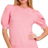,,..SI-25003 Viscose Puff Short Sleeve Sweater: H BEIGE-170996 / L