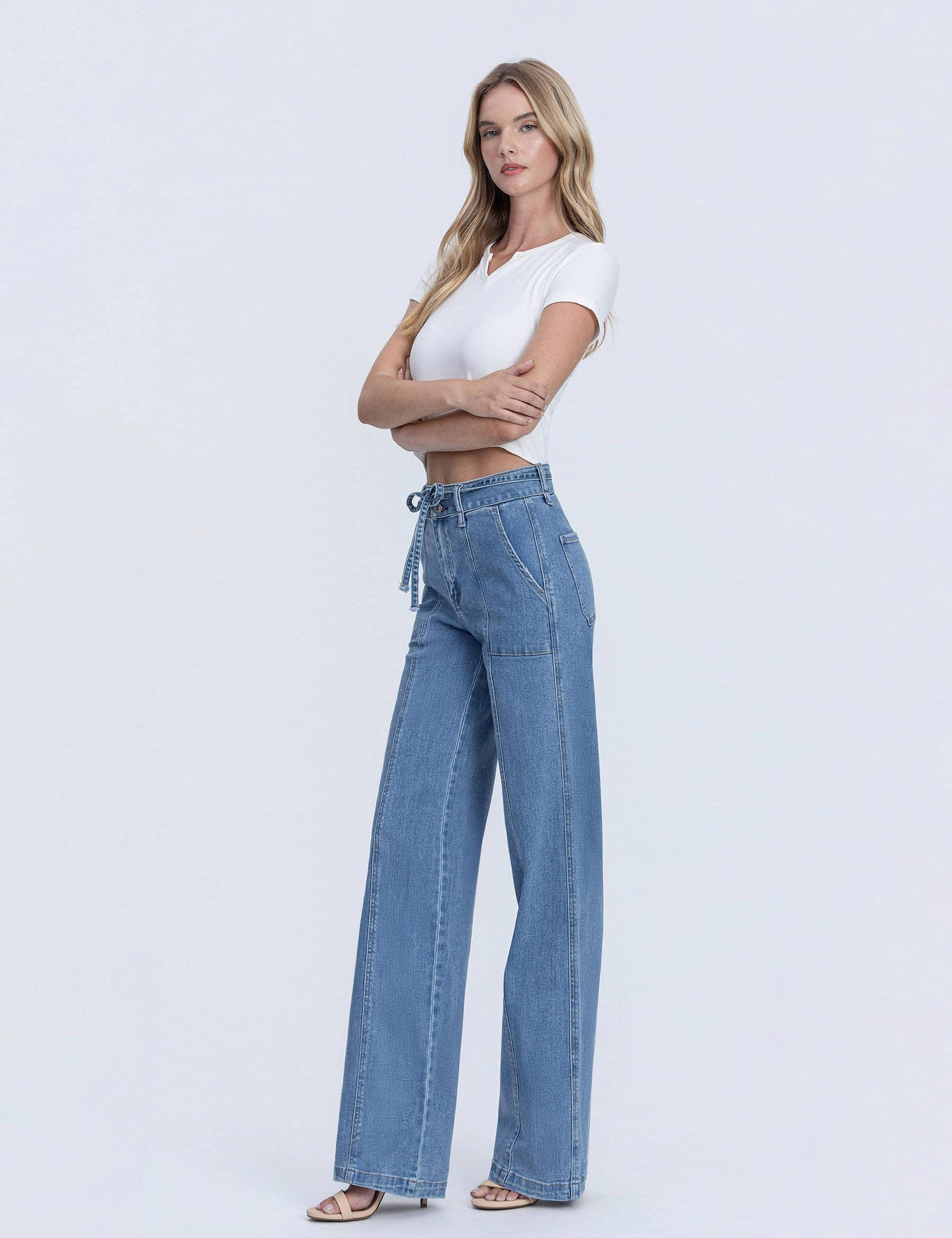 SUPER HIGH RISE TIE WAISTBAND WIDE LEG JEANS T6765: LUSH LIFE / 26