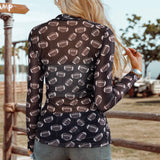 Fashion-W Game Day Rugby Mesh Sheer Long Sleeve Top: Brown / Missy / L