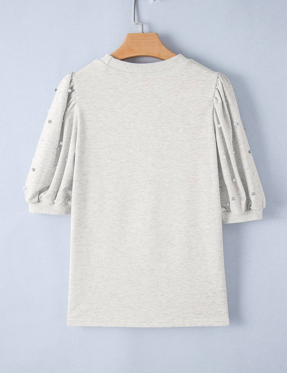 Puff Sleeve Top with Rhinestone and Pearl Embellishments: Light Grey / 75%Polyester+20%Cotton+5%Elastane / M