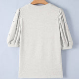 Puff Sleeve Top with Rhinestone and Pearl Embellishments: Light Grey / 75%Polyester+20%Cotton+5%Elastane / M
