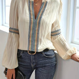 Balloon Sleeve Lace Panel V-Neck Shirt: OffWhite / L