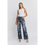 HIGH RISE WIDE LEG EMBELLISHMENT: FLORAL BLUE