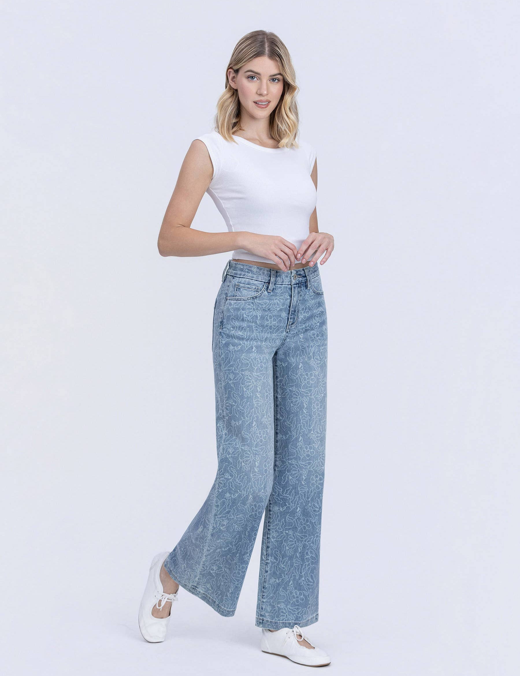 HIGH RISE MEDIUM LIGHT FLORAL PRINT WIDE LEG JEANS T7335FPR: FLORAL PRINT / 28