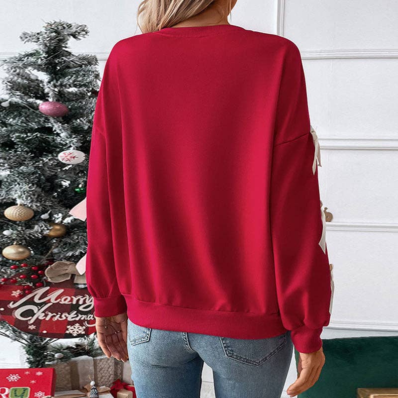 Crew Neck Pullover Top 3D Bowknot Trim Loose Sweatshirts: Pink / 100%polyester / S