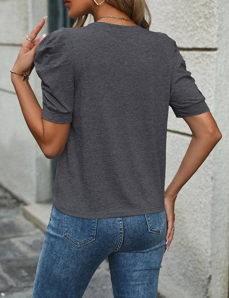 Casual Bubble Sleeve Short Sleeve t-shirt: Apricot / 100%Polyester / L