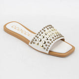 CHRISSY ROUND STUD EMBELLISHED SQUARE TOE SLIP ON SANDAL: White / A12