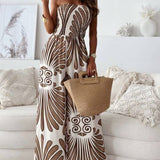 Fashionable Print Bandeau Waist-Cinching Jumpsuit: Khaki / L