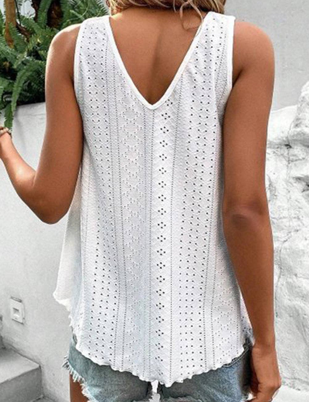 Multicolor Lace Crochet Splicing V Neck Loose Fit Tank Top: Apricot Pink / 95%Polyester+5%Elastane / L