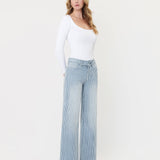 HIGH RISE WAIST TIE STRIPED WIDE LEG JEANS V3838STR: STRIPE / 28
