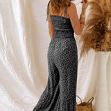 Straps Smocked Bodice Wide Leg Floral Jumpsuit: Black / S