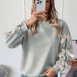 Crew Neck Pullover Top 3D Bowknot Trim Loose Sweatshirts: Pink / 100%polyester / S