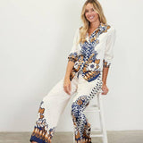 Floral Border Satin Pants: Mustard-Navy / XS