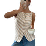 Striped Button Front Sleeveless Tank Top with Slit Hem: Apricot Color / 65%viscose+35%polyester / M
