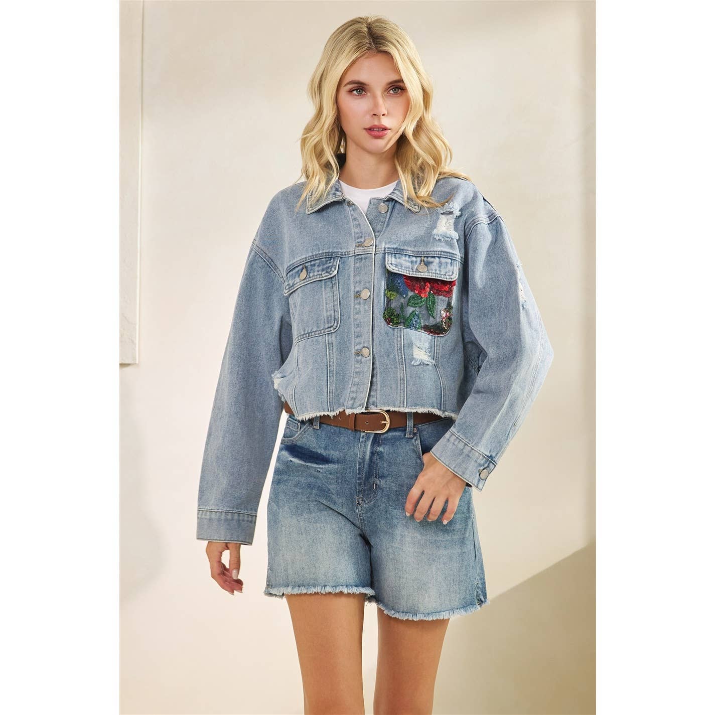 Classic Denim Jacket with Lace Floral Contrast: Med Wash / M