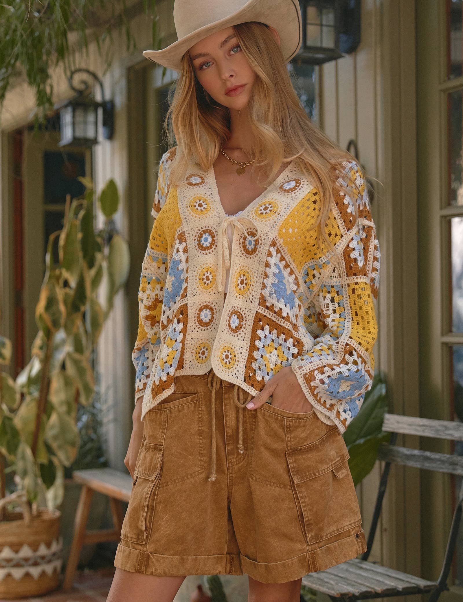 Granny Square Crochet Tie-Front Cardigan
