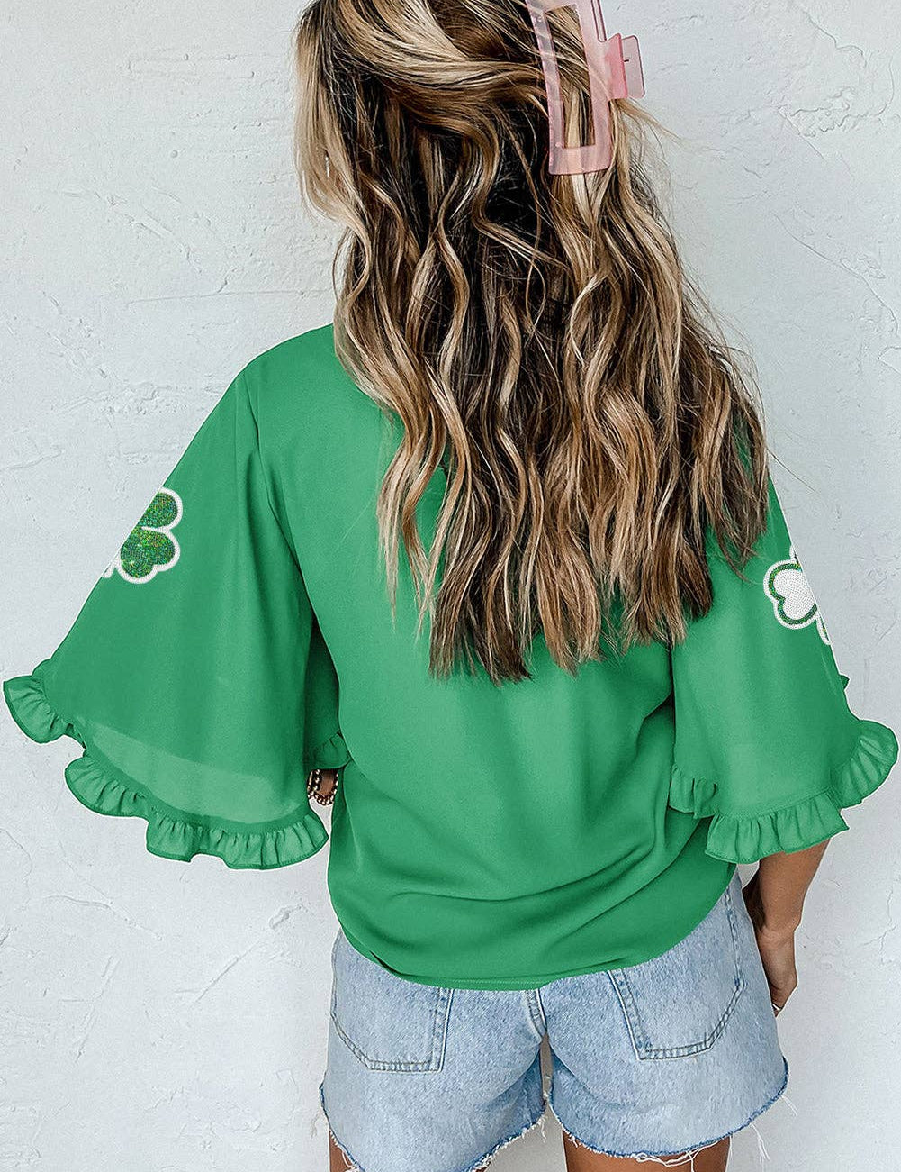 Green Sequin Clover Graphic Ruffled Trim Bell Sleeve St Patrick Blouse: Green / 100%Polyester / L