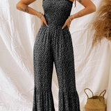 Straps Smocked Bodice Wide Leg Floral Jumpsuit: Black / M