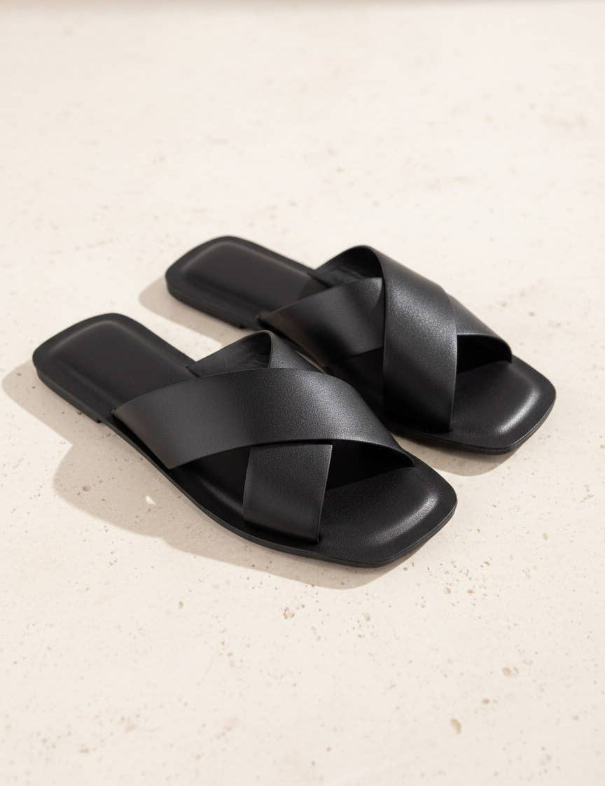 Cross Strap Slide Sandals Minimal Leather Flat Slide
