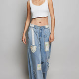 Waist Elastic Band Heart Floral Print Patch Wide Denim Pants: DENIM / M