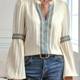 Balloon Sleeve Lace Panel V-Neck Shirt: OffWhite / S