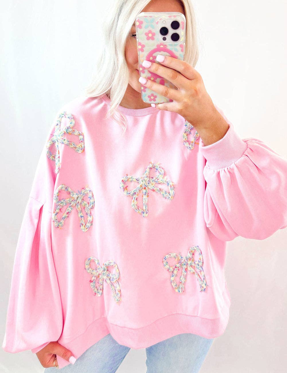 Embroidered Bow Lantern Sleeve Oversized Pullover Sweatshirt: Light Pink / 65%Polyester+35%Cotton / M