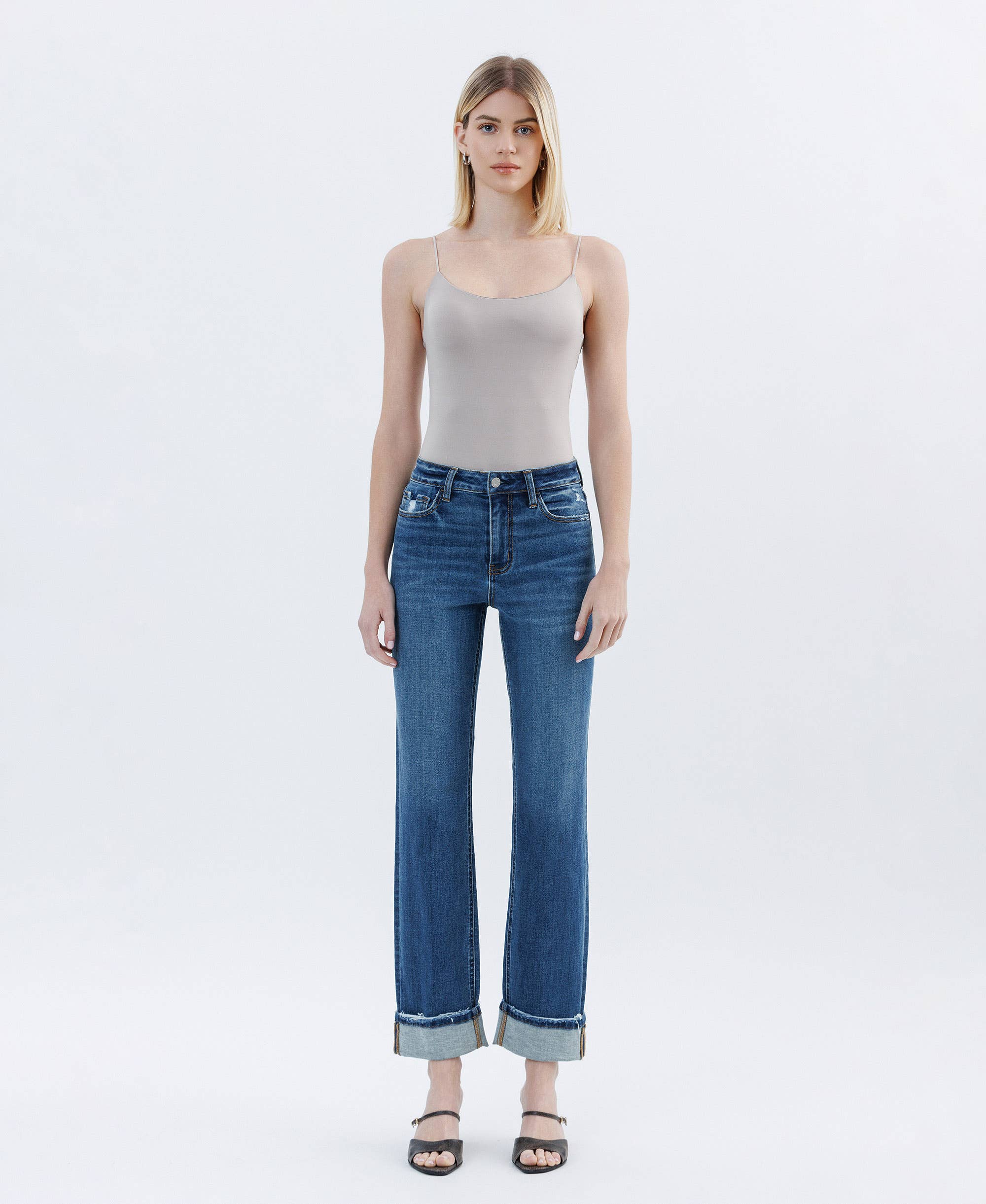 HIGH RISE DARK WASH CUFFED STRAIGHT JEANS T6666: NICO / 28