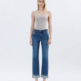 HIGH RISE DARK WASH CUFFED STRAIGHT JEANS T6666: NICO / 32