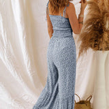 Straps Smocked Bodice Wide Leg Floral Jumpsuit: Black / XL
