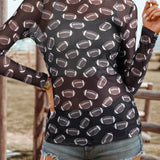 Fashion-W Game Day Rugby Mesh Sheer Long Sleeve Top: Brown / Missy / L