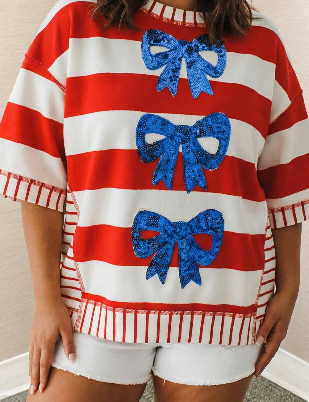 Stripe Sequin Bow Patriotic Half Sleeve Top M