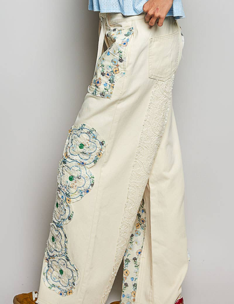 Drawstring Floral Patch Denim Pants
