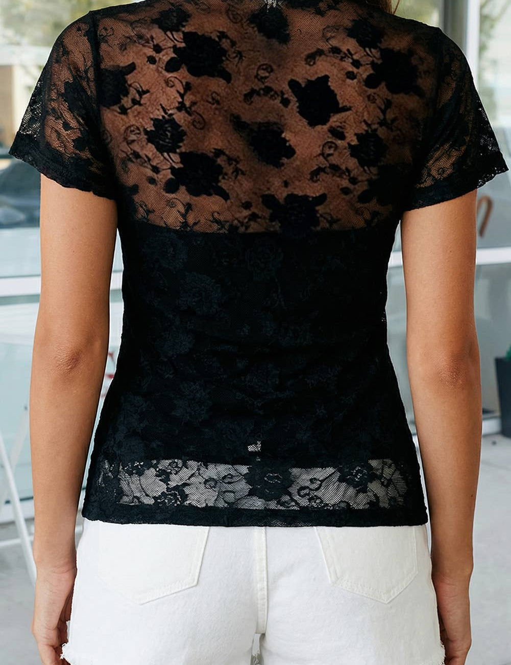 Floral Lace Mesh Short Sleeve Sheer Top (S-XL): Black / Missy / XL