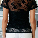 Floral Lace Mesh Short Sleeve Sheer Top (S-XL): Black / Missy / XL