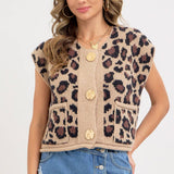 LEOPARD PRINT KNIT BUTTON-UP SWEATER TOP: TAUPE / Contemporary / L