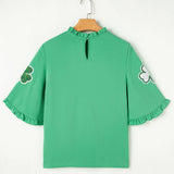 Green Sequin Clover Graphic Ruffled Trim Bell Sleeve St Patrick Blouse: Green / 100%Polyester / S