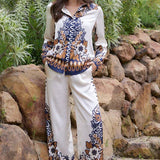 Floral Border Satin Pants: Mustard-Navy / XS