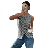 Striped Button Front Sleeveless Tank Top with Slit Hem: Apricot Color / 65%viscose+35%polyester / XL