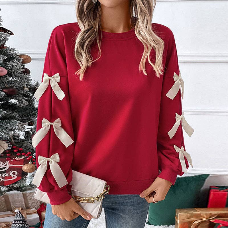 Crew Neck Pullover Top 3D Bowknot Trim Loose Sweatshirts: Red / 100%polyester / L