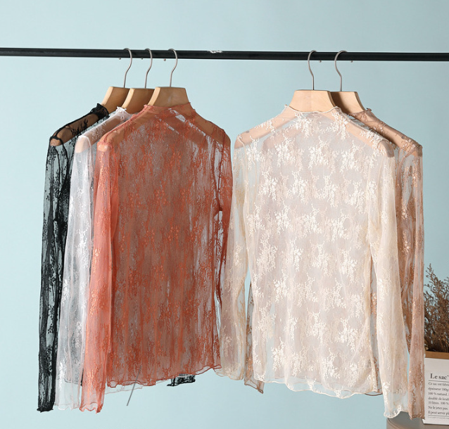 Semi Sheer Mesh Floral Lace Layering Top: Caramel / M