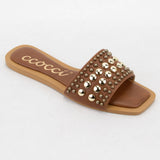 CHRISSY ROUND STUD EMBELLISHED SQUARE TOE SLIP ON SANDAL: White / A12