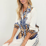 Printed Border-Print Long Sleeve Button-Down Blouse: Mustard-Navy / L
