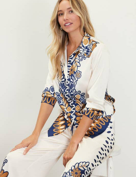 Printed Border-Print Long Sleeve Button-Down Blouse: Mustard-Navy / M