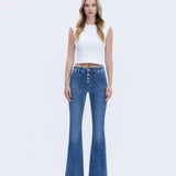 MID RISE BUTTON FLY TROUSER HEM FLARE JEANS T5848: GLEEFULLY / 30