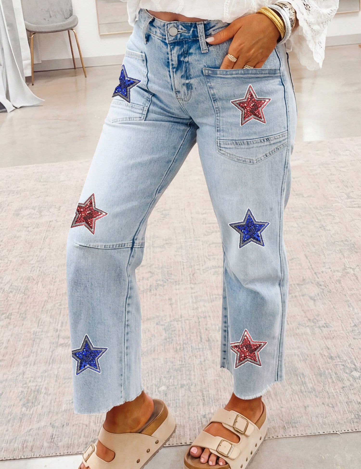 Patriotic Sequin Stars Patch Pocket Shift Jeans