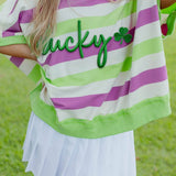 Green Stripe Lucky Clover Embroidered Graphic Dolman Loose Tee: Green Stripe / 95%Polyester+5%Elastane / S