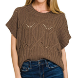 ,,,.0722 Cable Knit Short Sleeve Sweater SI-28167: BLACK-184424 / L