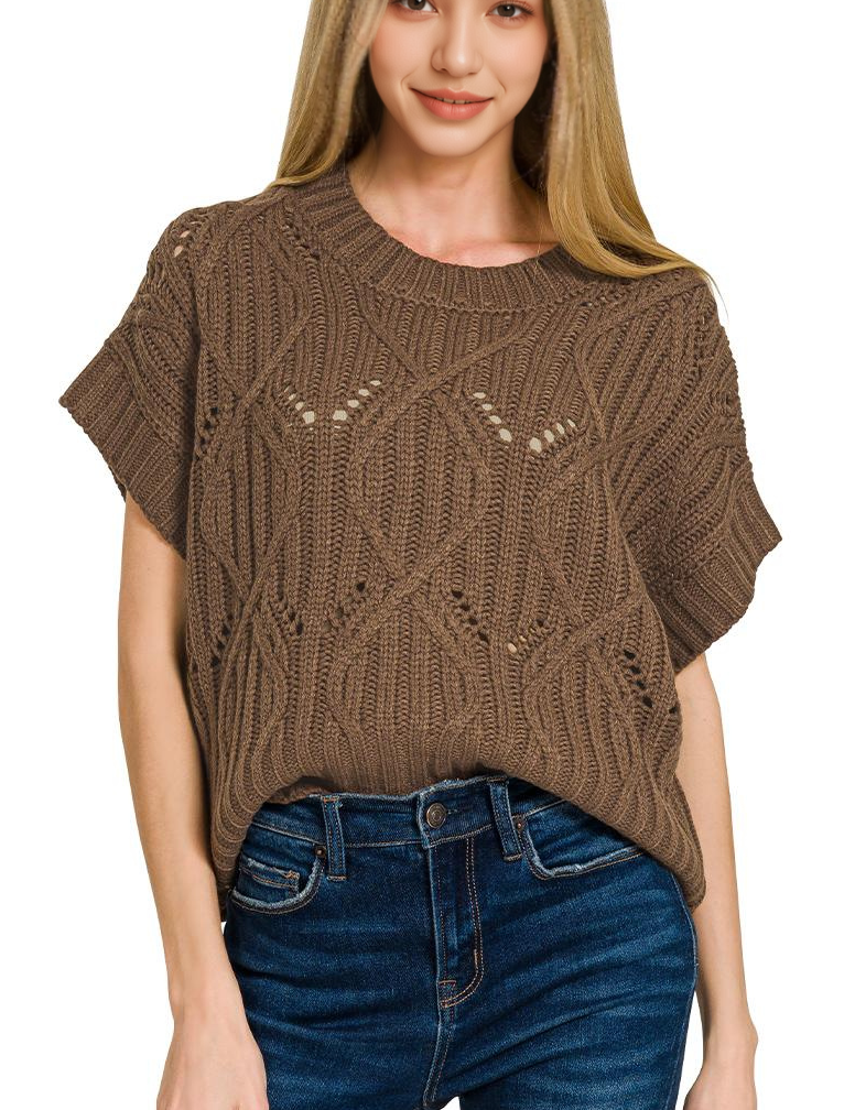 ,,,.0722 Cable Knit Short Sleeve Sweater SI-28167: DEEP CAMEL-184427 / M