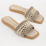 CHRISSY ROUND STUD EMBELLISHED SQUARE TOE SLIP ON SANDAL: White / A12