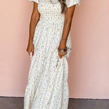 White Frilly Shirred Bodice Tiered Floral Maxi Dress: White / 100%Polyester / S